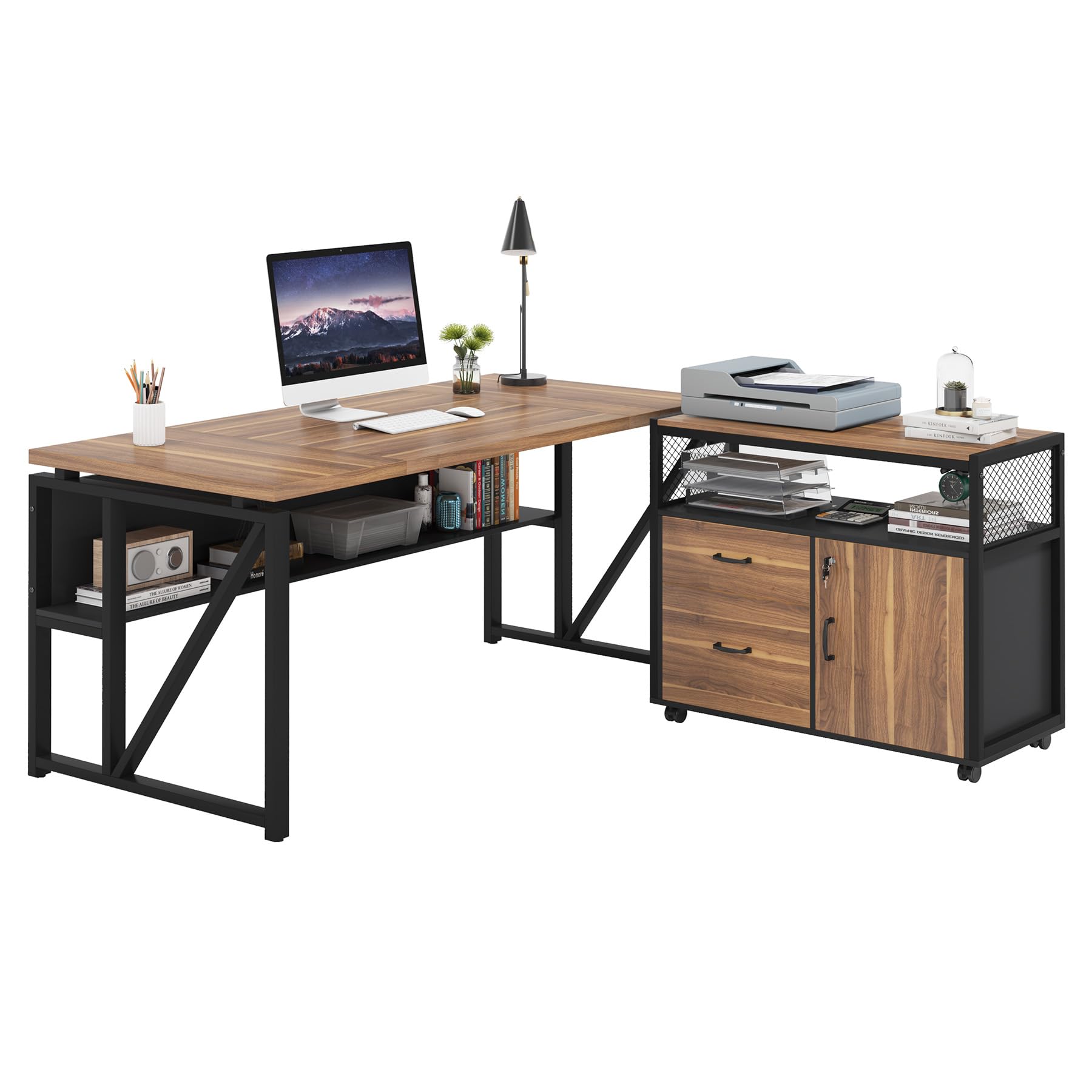 63" L Shaped Desk with Drawer Cabinet, Executive Computer Desk and lateral File Cabinet, 2 Piece Home Office Furniture with Drawers for Hanging File, Doors with Locks (Brown, 63 inches)