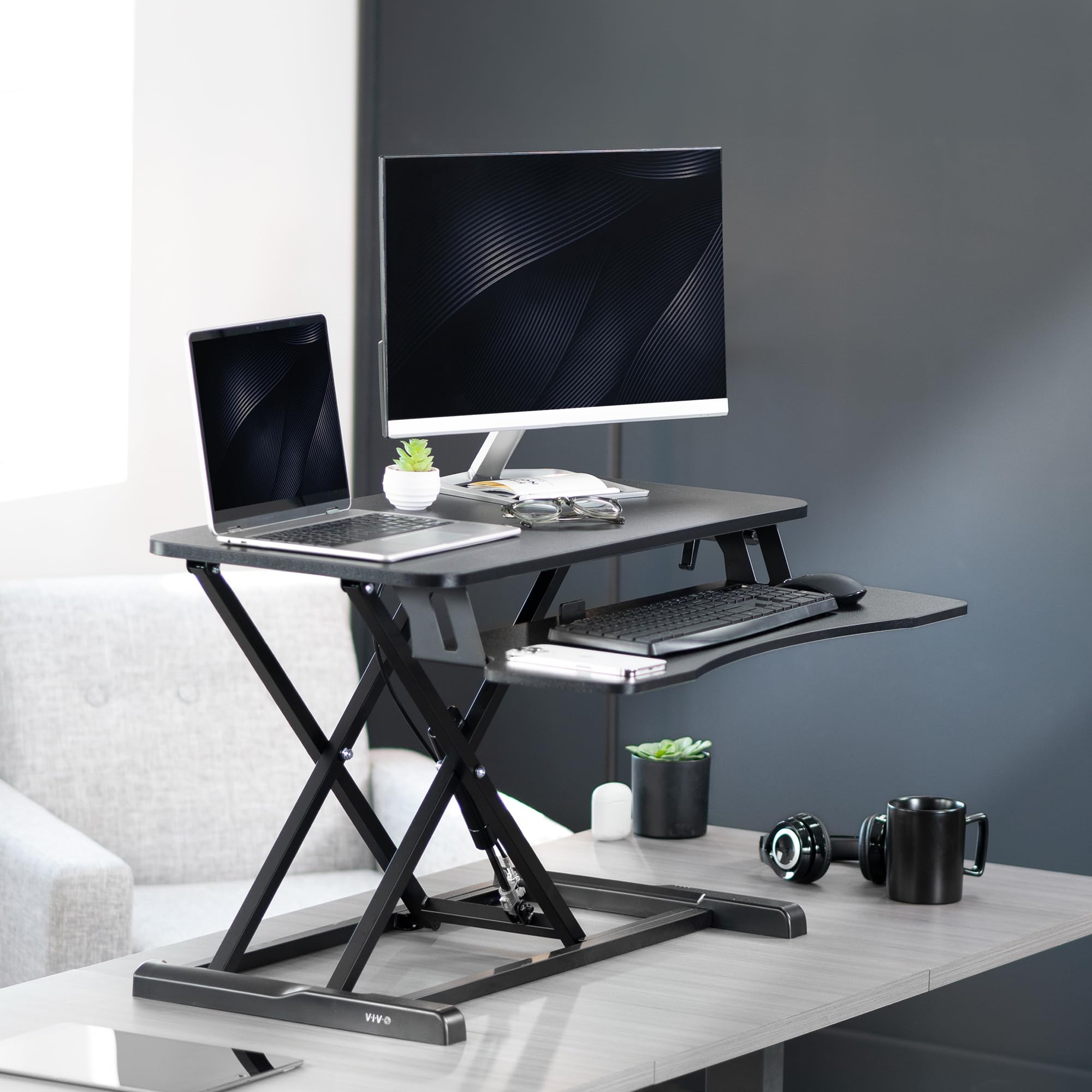 32 inch Desk Converter, K Series, Height Adjustable Sit to Stand Riser, Dual Monitor and Laptop Workstation with Wide Keyboard Tray, Black, DESK-V000K