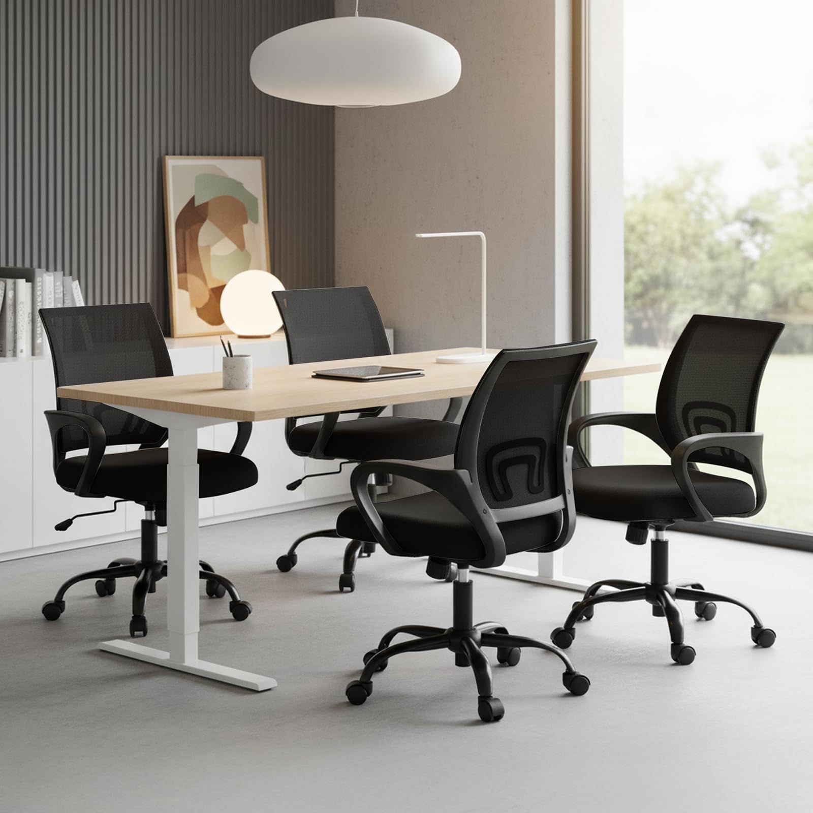 2 Pack, Office Desk Chair - Ergonomic Mid Back with Lumbar Support & Rocking Mode, Height Adjustable with Fixed Armrest, for Home, Computer, Gaming, Conference, Meeting, 360° Swivel, Black,