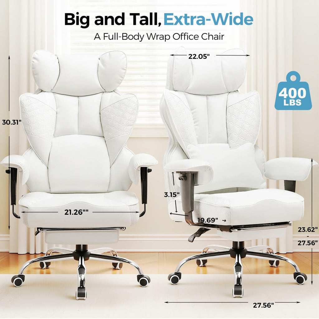 Desk Office Chair Big and Tall Office Chairs Ergonomic Gaming Chairs with Wide Seat Leather High Back Chair with Foot Rest Adjustable Armrests Pocket Spring Lumbar Support