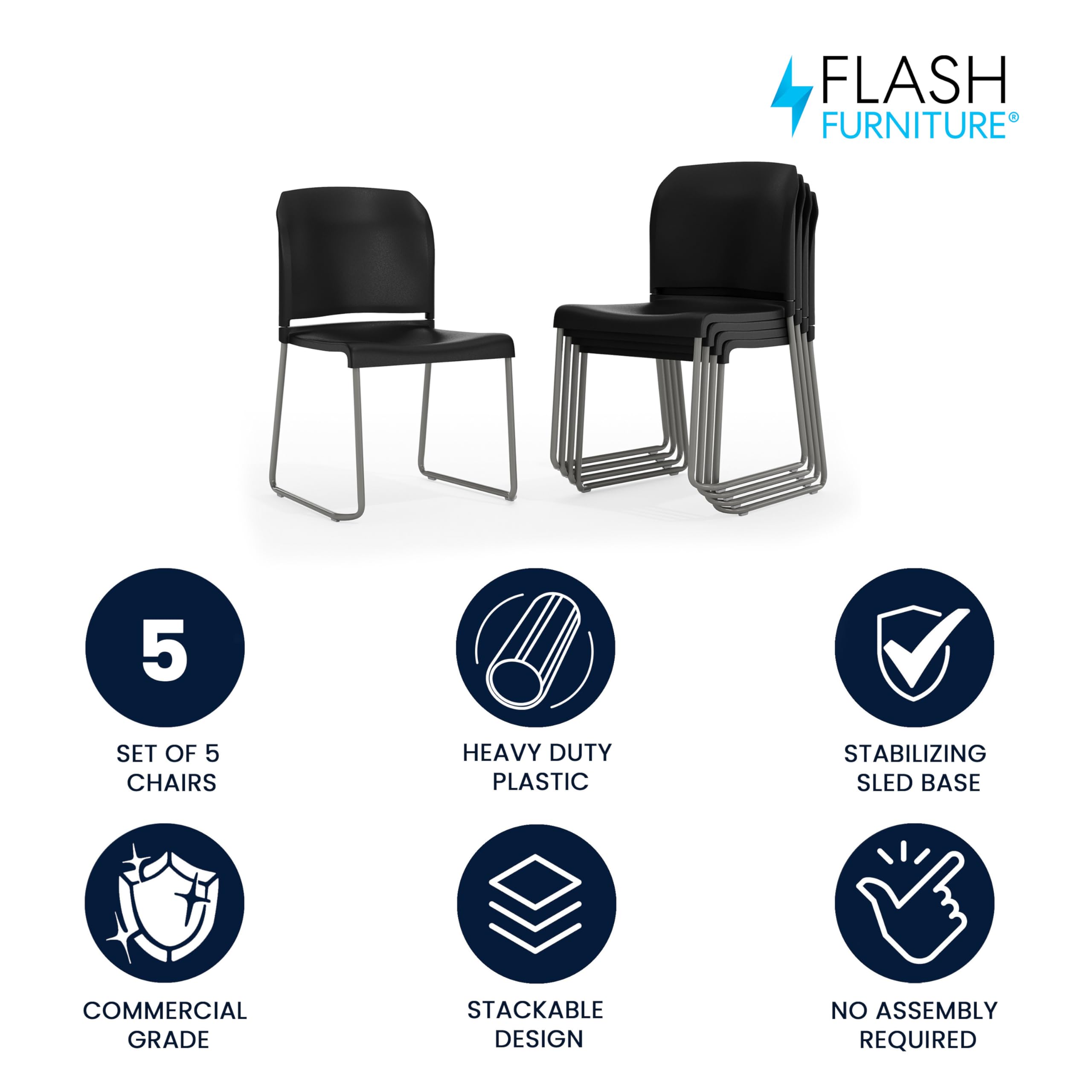 Set of 5, Black, Hercules Series Contoured Stacking Chairs for Waiting Rooms and Offices, Ergonomic Lobby Chairs with Curved Back