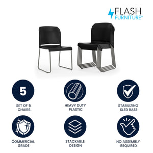 Set of 5, Black, Hercules Series Contoured Stacking Chairs for Waiting Rooms and Offices, Ergonomic Lobby Chairs with Curved Back