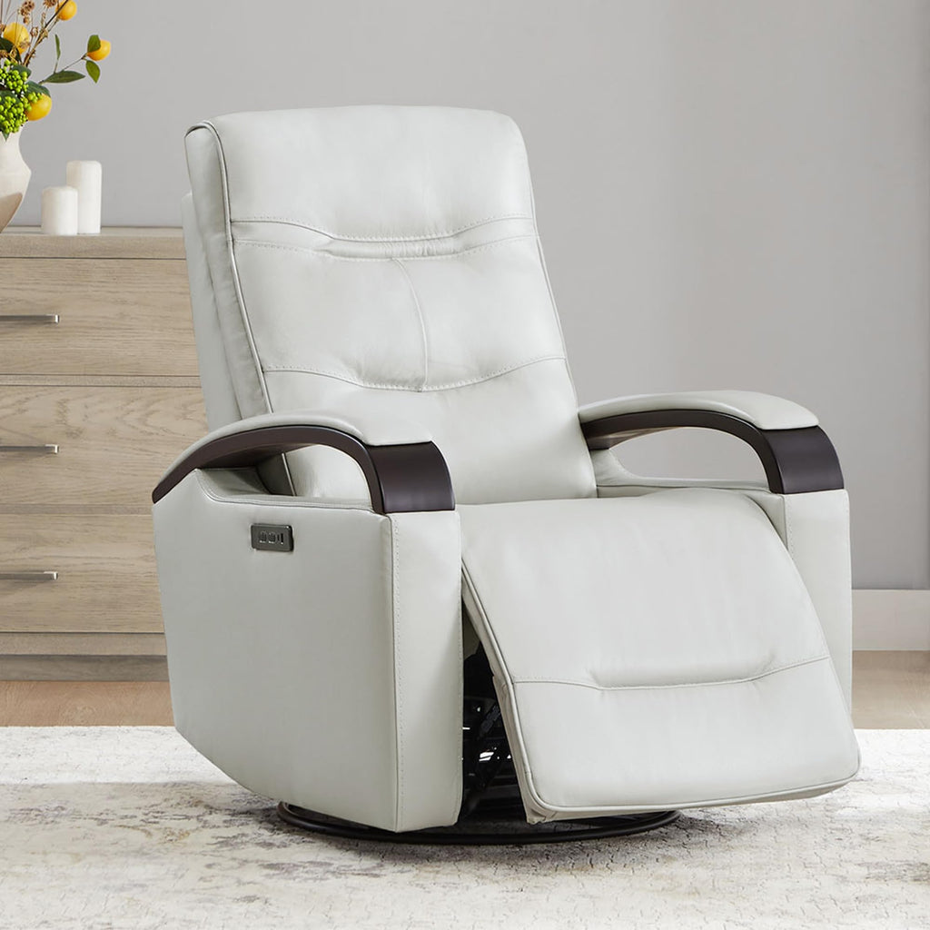 Genuine Leather Power Swivel Glider Rocker Recliner, FSC Certified Mid Century Modern Recliner Chair for Adults, Adjustable Power Headrest, for Nursery and Living Room, Creamy Grey