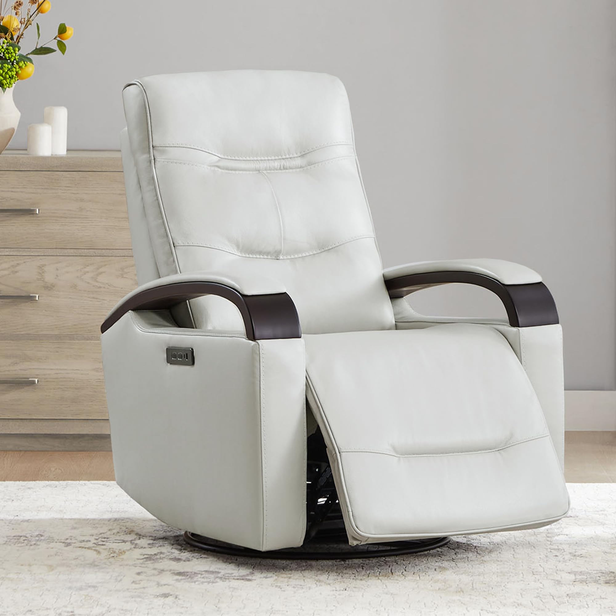 Genuine Leather Power Swivel Glider Rocker Recliner, FSC Certified Mid Century Modern Recliner Chair for Adults, Adjustable Power Headrest, for Nursery and Living Room, Creamy Grey