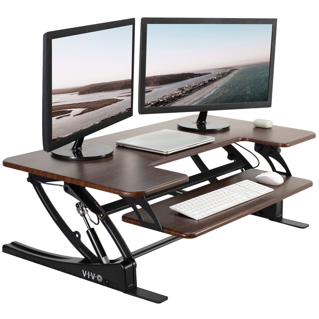 42 inch Height Adjustable Stand Up Desk Converter, V Series, Quick Sit to Stand Tabletop Dual Monitor Riser Workstation, Dark Walnut Top, Black Frame, DESK-V000VLD