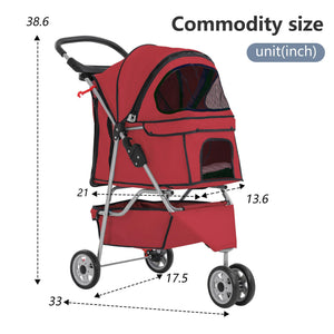 Pet Stroller 3-Wheel Durable Foldable Cat Dog Stroller with Washable Liner Storage Basket Cup Holder,Red
