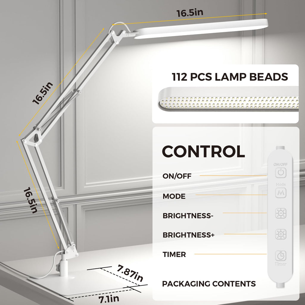 LED Desk Lamp with Slim Base - Adjustable Swing Arm Desk Light, Dimmable, Timer, Eye Protection, Memory Function, 1300LM, 12W, White