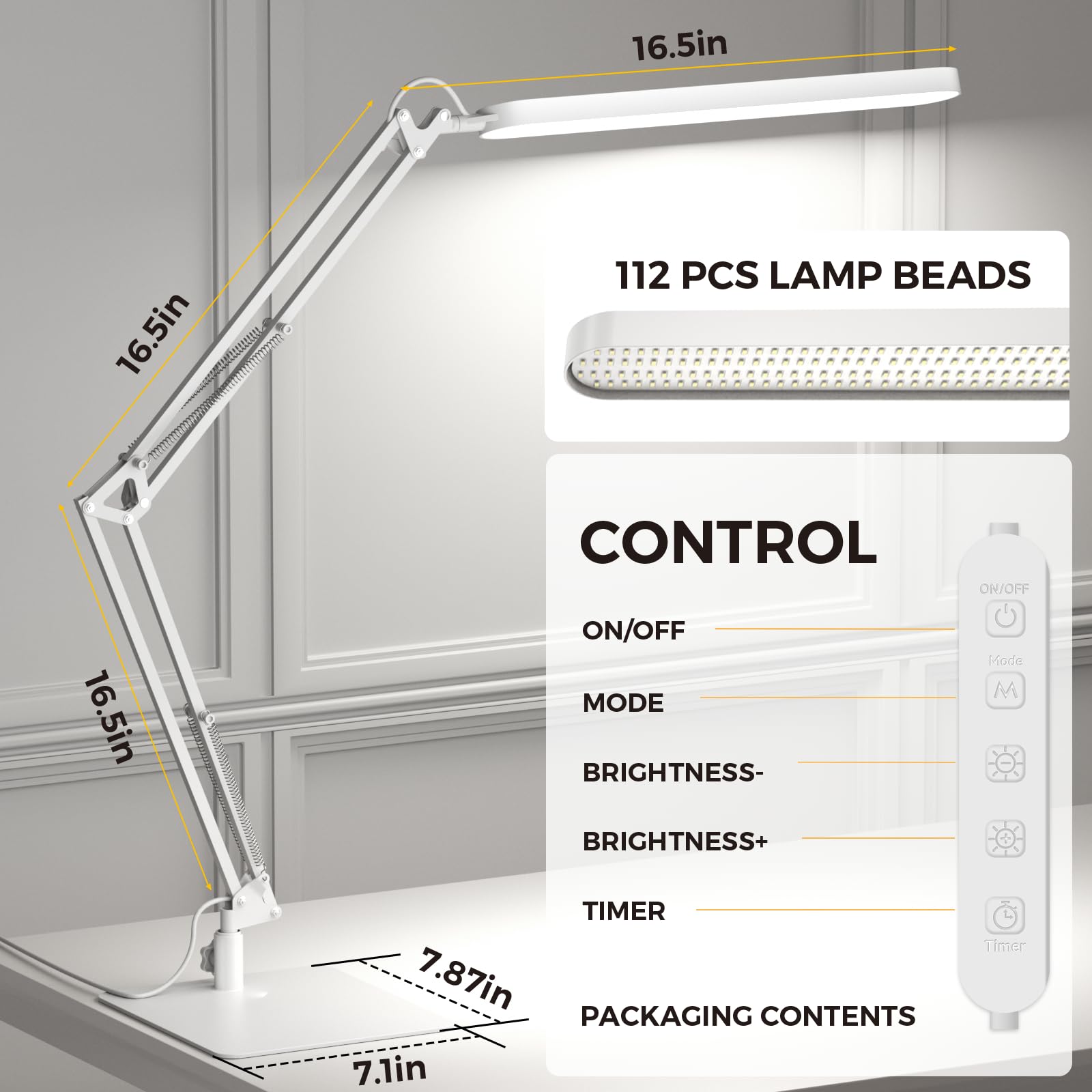 LED Desk Lamp with Slim Base - Adjustable Swing Arm Desk Light, Dimmable, Timer, Eye Protection, Memory Function, 1300LM, 12W, White
