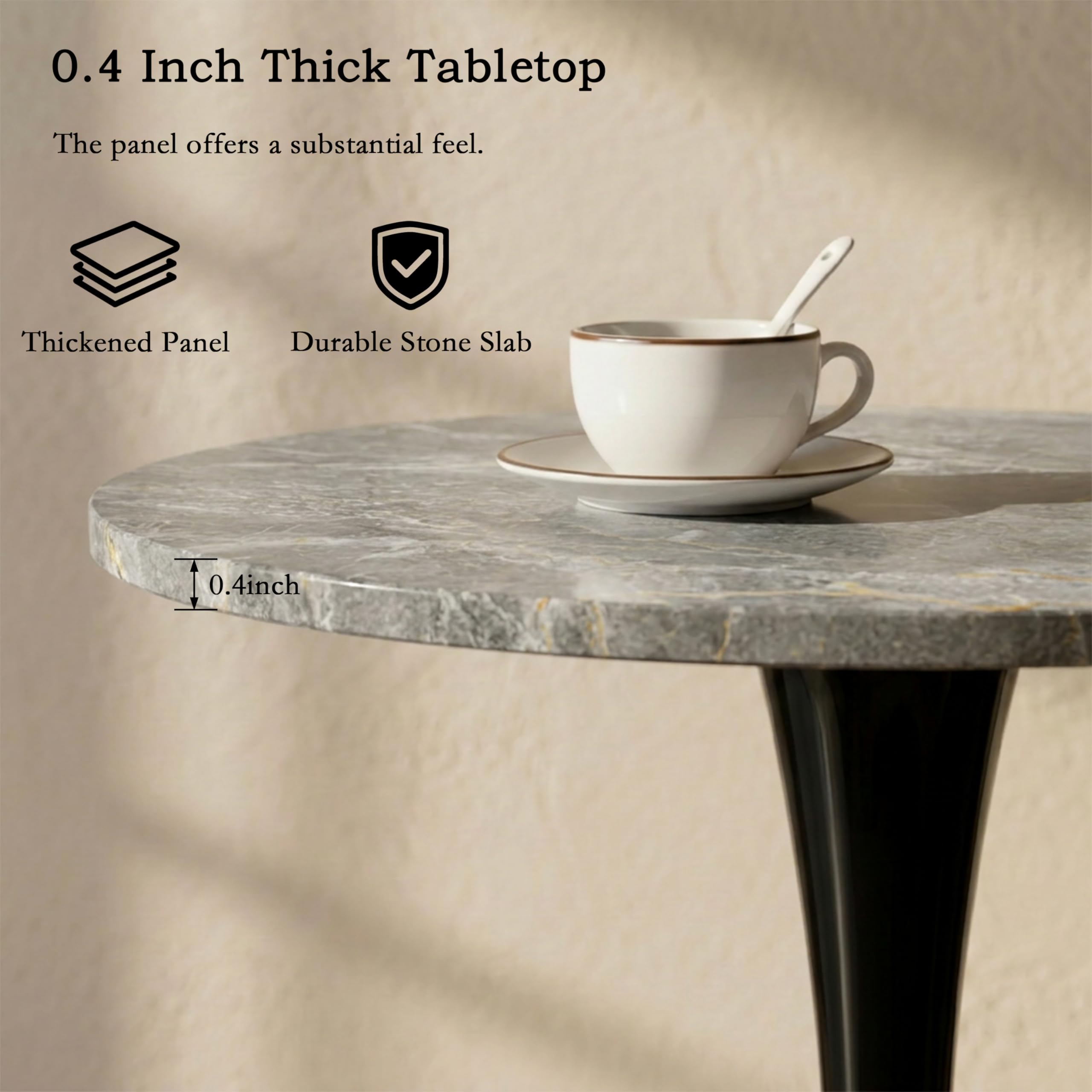 27.6" Marble Round Tulip Table, Mid-Century Modern Style Dining Table with Black Pedestal Base for 2-4 People, Featuring A Marble Tabletop for Kitchen, Dining Room, Cafe (Dark Grey)