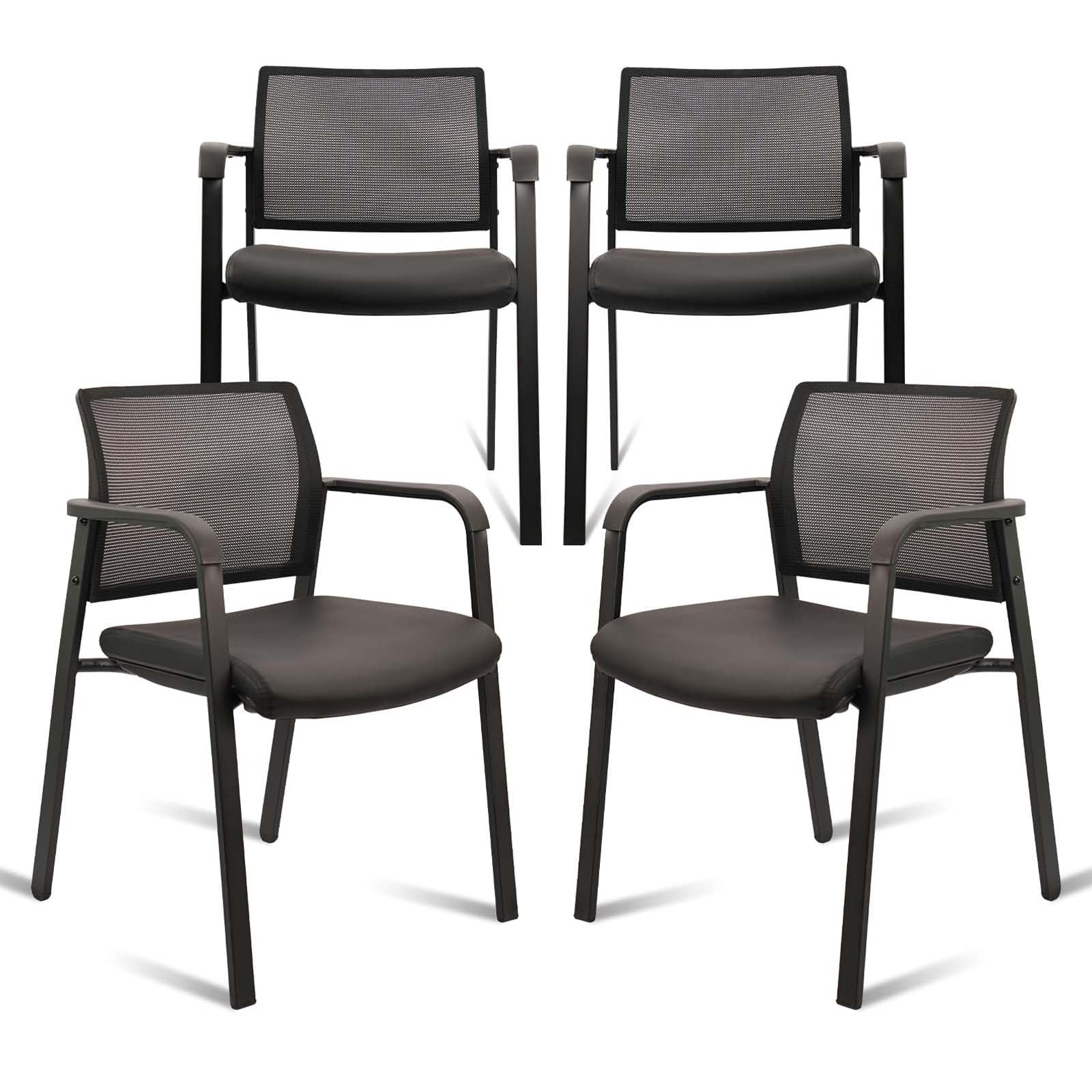 Black, Set of 4, Stackable Office Chair, Mesh Back Guest Chairs with Comfortable Leather Seat Arms Stacking Ergonomic Desk Chair No Wheels for Conference Waiting Reception School Stationary