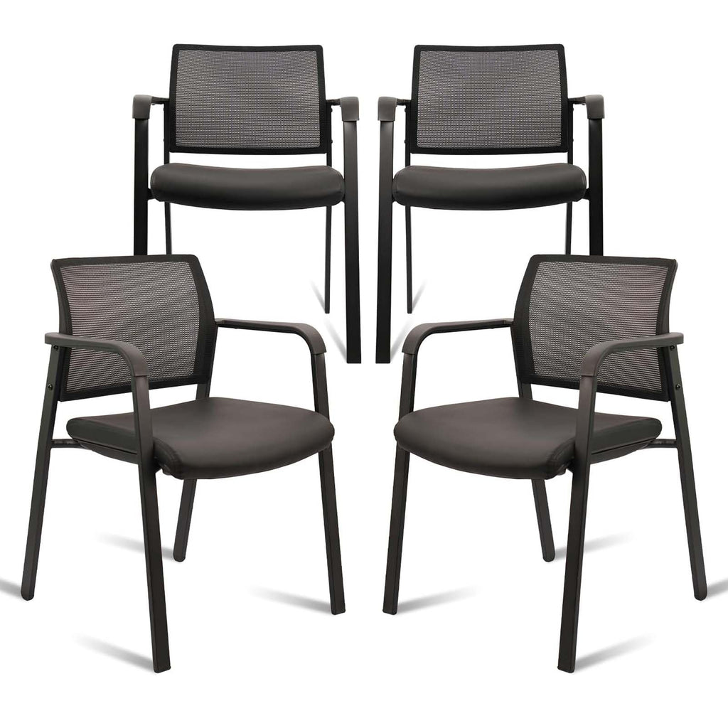 Black, Set of 4, Stackable Office Chair, Mesh Back Guest Chairs with Comfortable Leather Seat Arms Stacking Ergonomic Desk Chair No Wheels for Conference Waiting Reception School Stationary