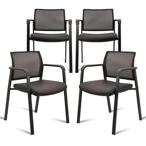 Black, Set of 4, Stackable Office Chair, Mesh Back Guest Chairs with Comfortable Leather Seat Arms Stacking Ergonomic Desk Chair No Wheels for Conference Waiting Reception School Stationary