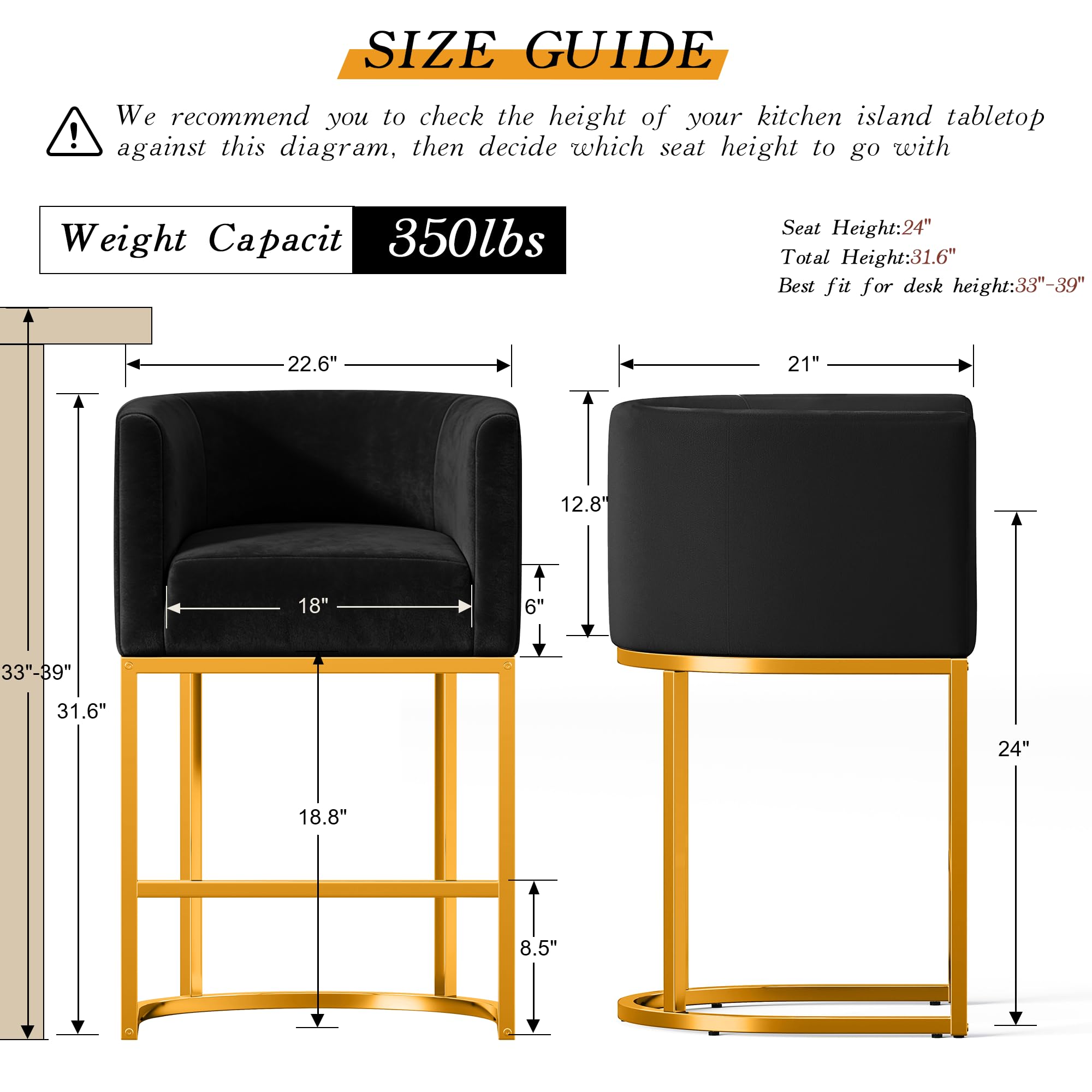 24" Modern Counter Height Bar Stools,Velvet Fabric Upholstered Barrel Barstools with Backs,Island Chairs Bar Stools Set of 1,Metal Gold Frames,Ink Black Velvet