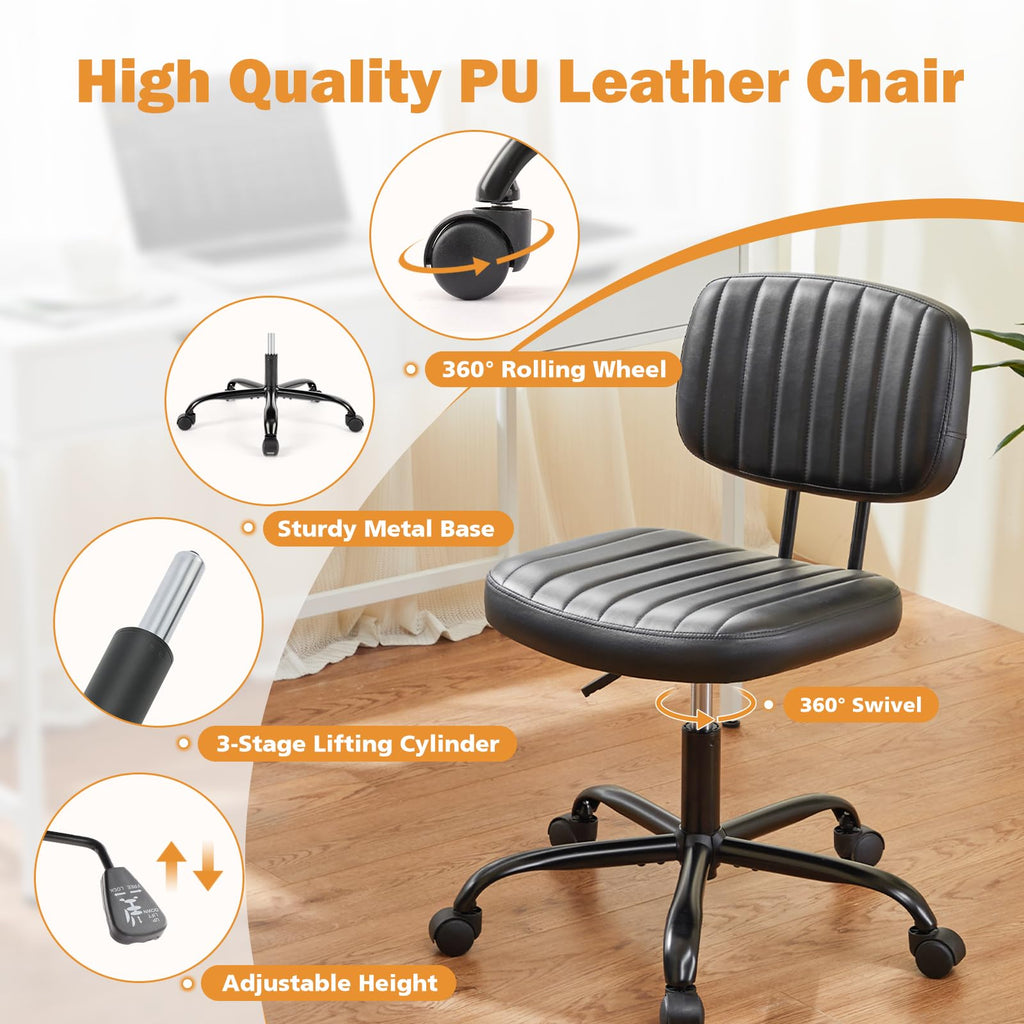 Small Office Desk Chair - Armless PU Leather with Comfy Lumbar Support, Height Adjustable Rolling Swivel Task for No Arms, for Adult, Student, Bedroom, Home, Vanity, Black