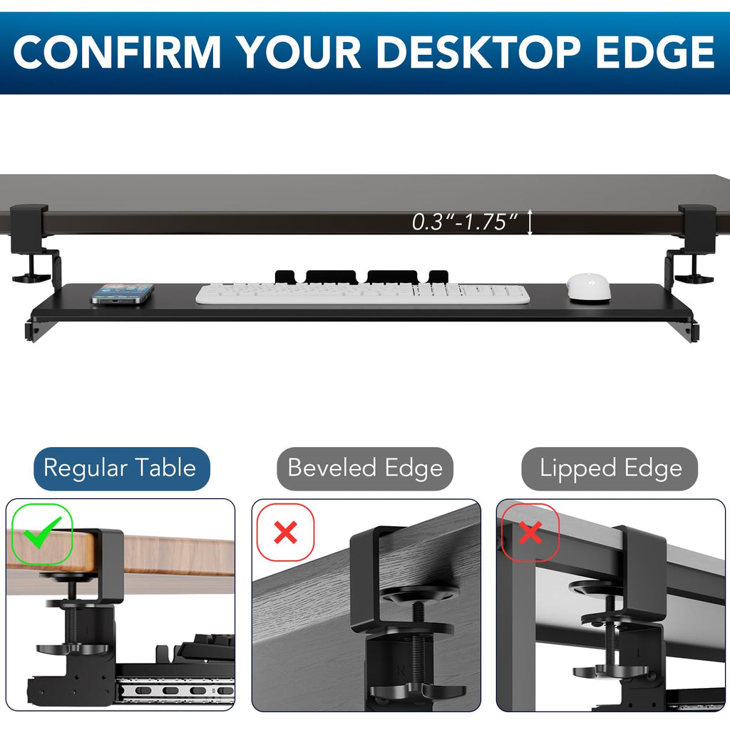 Keyboard Tray Under Desk Pull Out with 3 Height Adjustable Extra Sturdy C Clamp Mount System, 32.8 (38 inch Including Clamps) x 12 Inch Slide-Out Platform Computer Drawer for Typing
