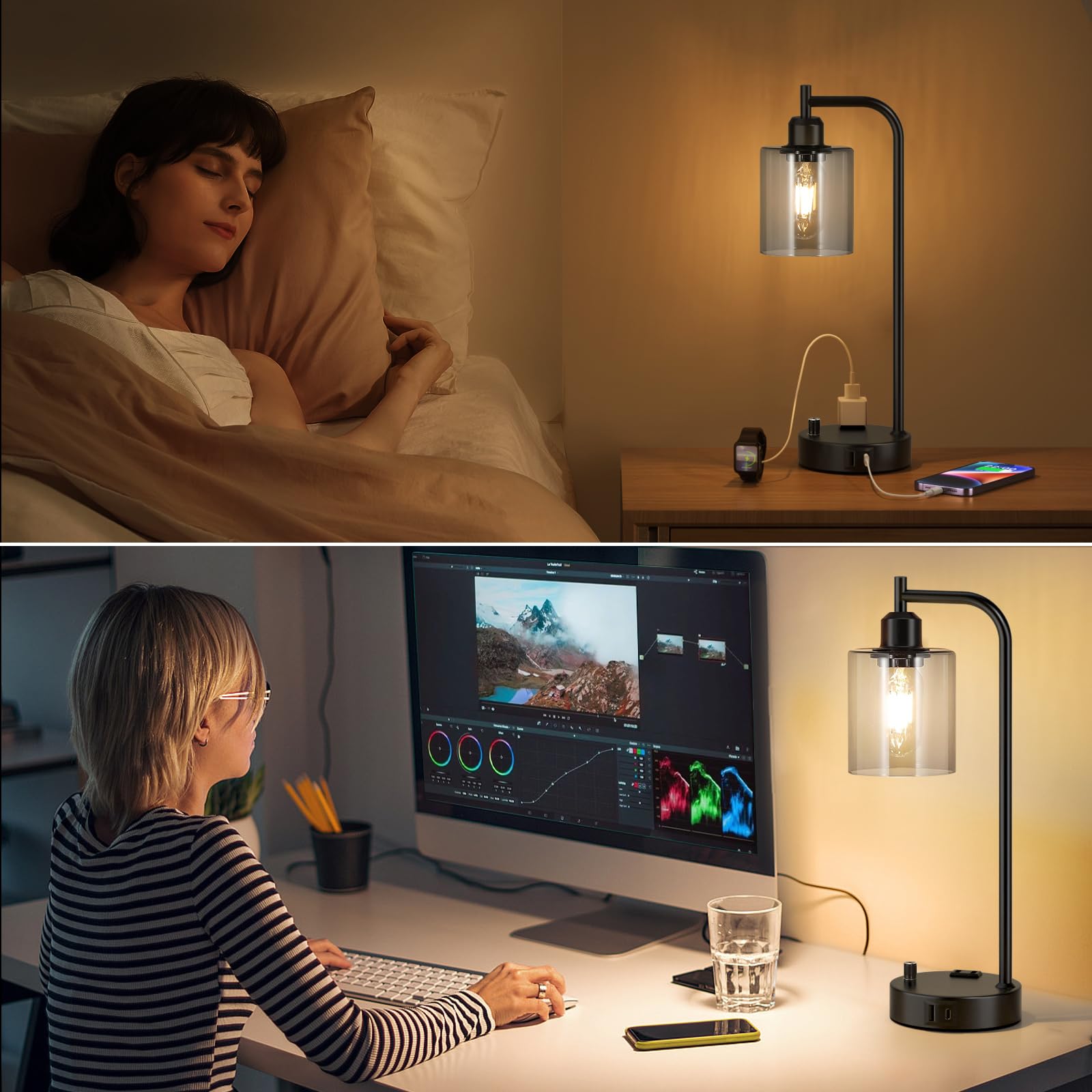 Industrial Desk Lamps for Office Set of 2 - Fully Dimmable Bedside Lamps with USB A C Ports and Outlet, Black Nightstand Lamps with Grey Glass Shade for Living Room, Table Lamps for Bedrooms Reading