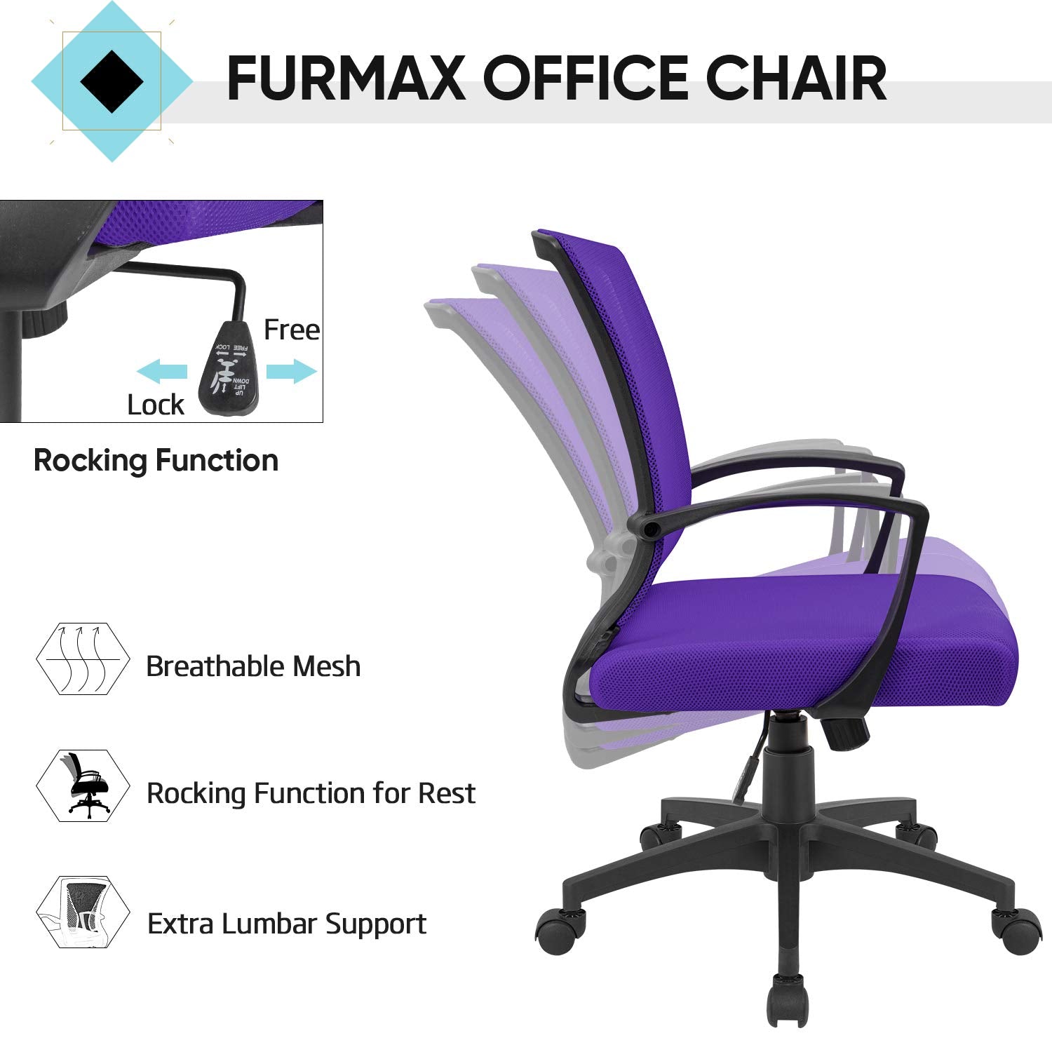 Office Chair Ergonomic Computer Desk Mesh Chair Mid Back Swivel Lumbar Support with Armrest (1, Violet)