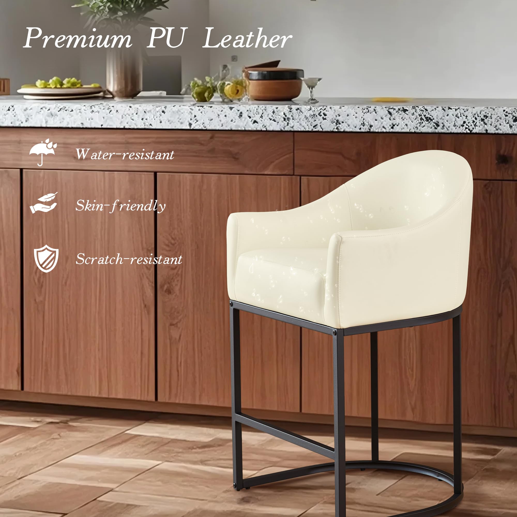 Counter Height Bar Stools Set of 3,Modern Counter Height Bar Stools,PU Leather Upholstered Barrel Barstools with Backs,26'' Kitchen Island Chairs,Metal Black Frames,Beige White Leather