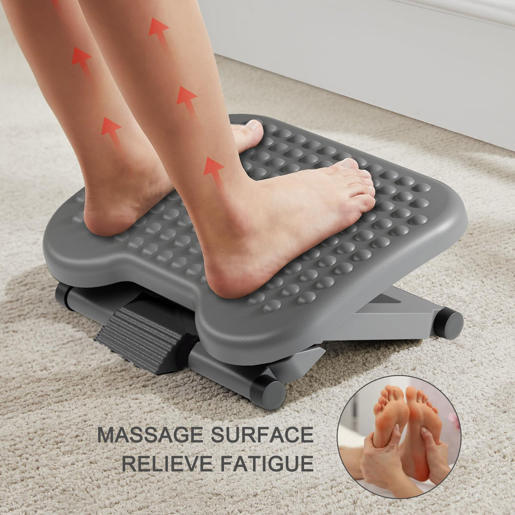 Adjustable Desk Footrest, Foot Rest for Under Desk at Work with Massage, Adjustable Foot Stool with 3 Height Position & 30 Degree Tilt Angle Adjustment for Home, Office, Gray