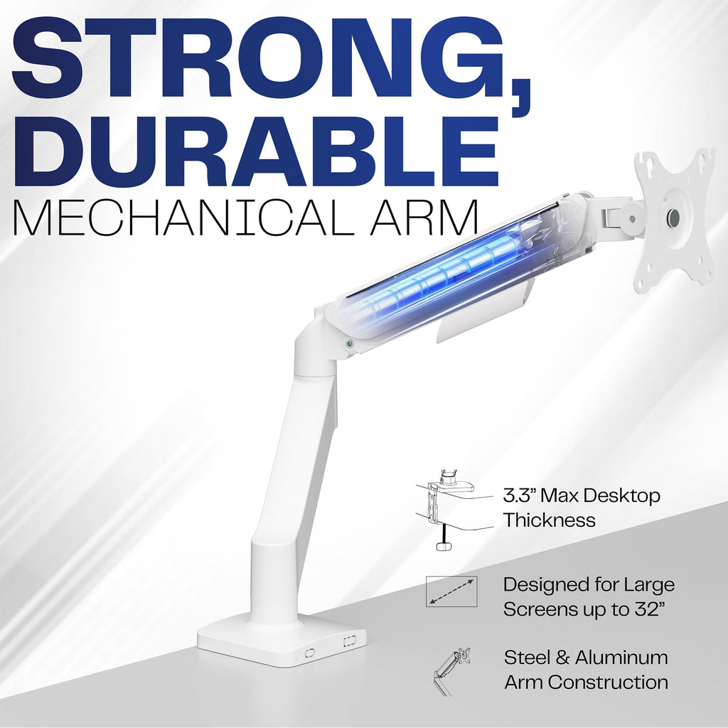 Single 17 to 32 inch Monitor Height Adjustable Counterbalance Mechanical Arm Desk Stand, Classic, Universal VESA Mount, White, STAND-V001OW