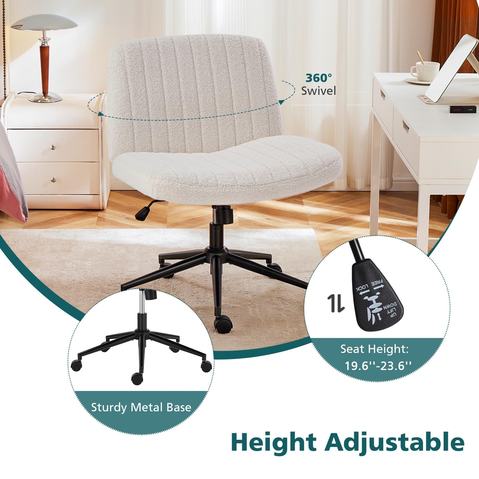 Criss Cross Chair with Wheels Wide Cross Legged Office Desk Vanity Chair Comfy Fabric Armless Adjustable Swivel for Home Computer Task Teddy Beige