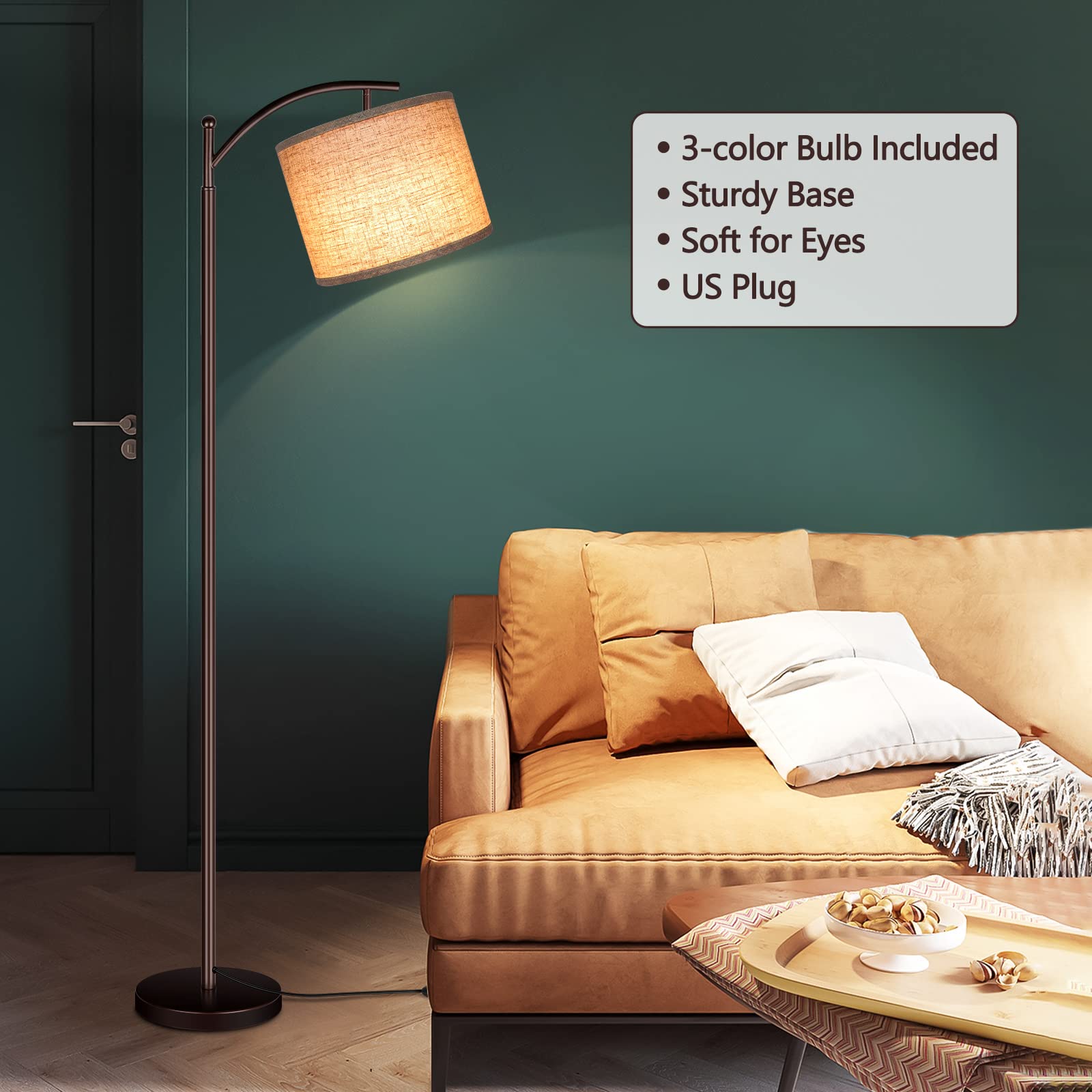 Floor Lamp for Living Room, LED Tall Industrial Standing Lamp Reading for Bedroom, Office (9W LED Bulb, Beige Lampshade Included) -Oil-Rubbed Bronze