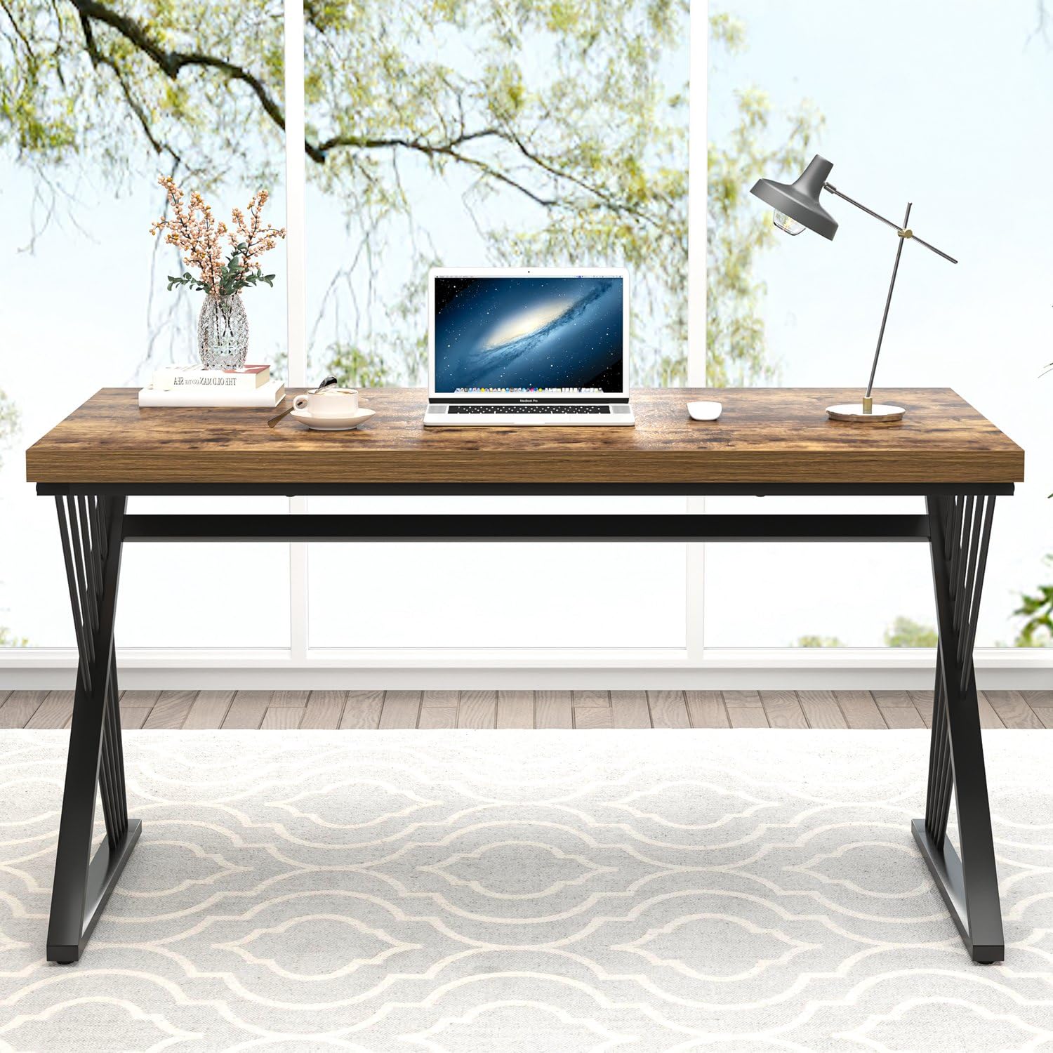 Home Office Desk, Modern Wood and Metal Computer Desk, Simple Writing Work PC Desks for Bedroom, Industrial Study Gaming Table for Living Room, Rustic Brown, 53 Inch