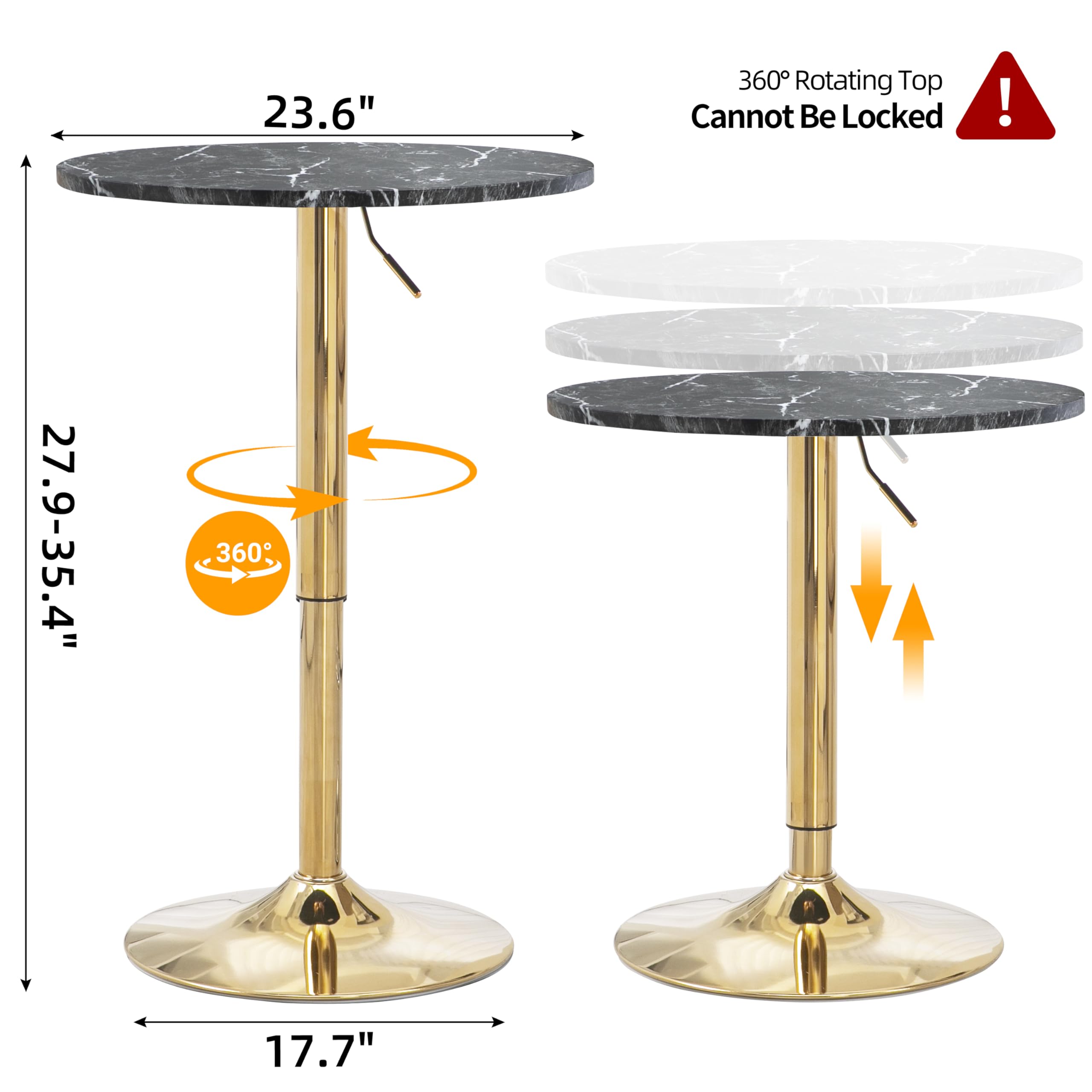 24" Round Cocktail Bar Table with Metal Base, Tall Bistro Pub Table, Adjustable 27.9"-35.4" Counter Bar Height for Kitchen, Dining Room, Living Room, Easy Assembly, Black&Gold
