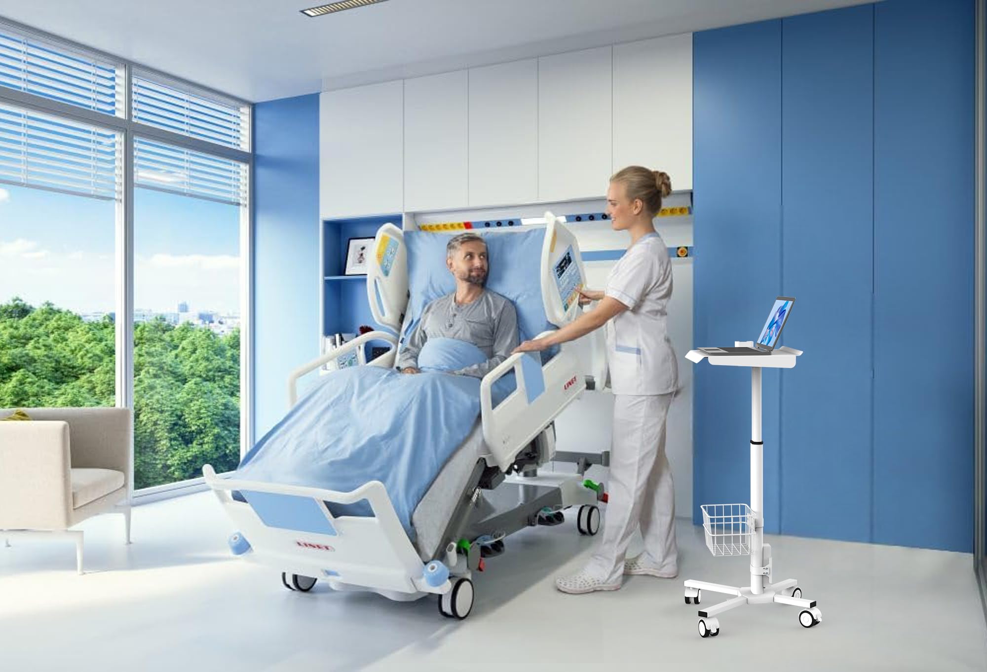 MB-C05 Medical Laptop Workstation Trolley Cart with Wheels, Oral Scanner Holder, Basket Storage | Height Adjustable Rolling Lab Cart with Large Tabletop for Dental Office, Hospital, Clinic