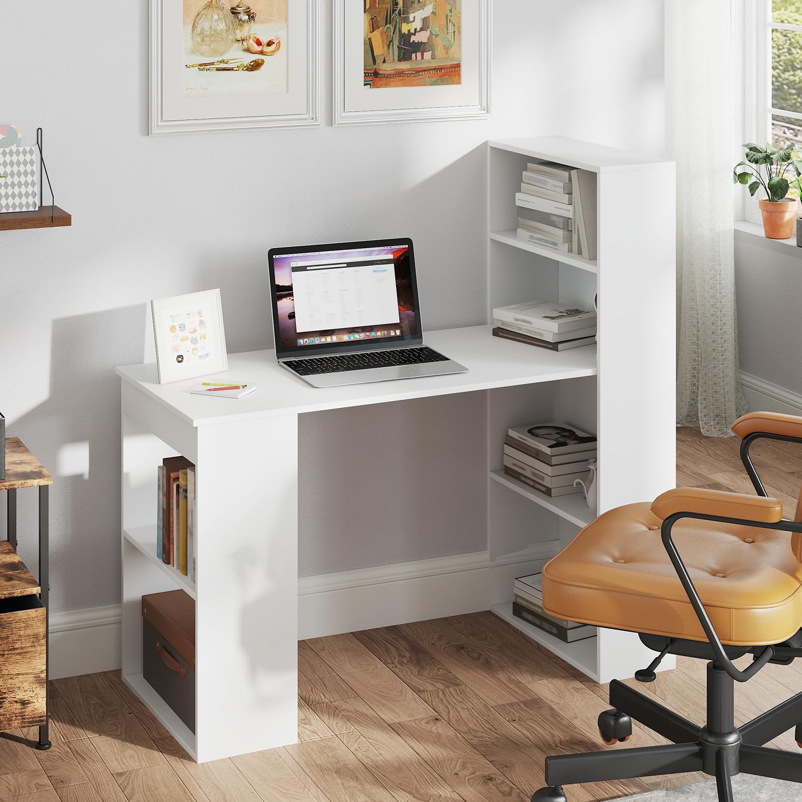 White Computer Desk with Bookshelf, Writing Study Desk with Storage Shelves & CPU Stand, Modern Compact Computer Workstation for Home & Office, Space-Saving Design