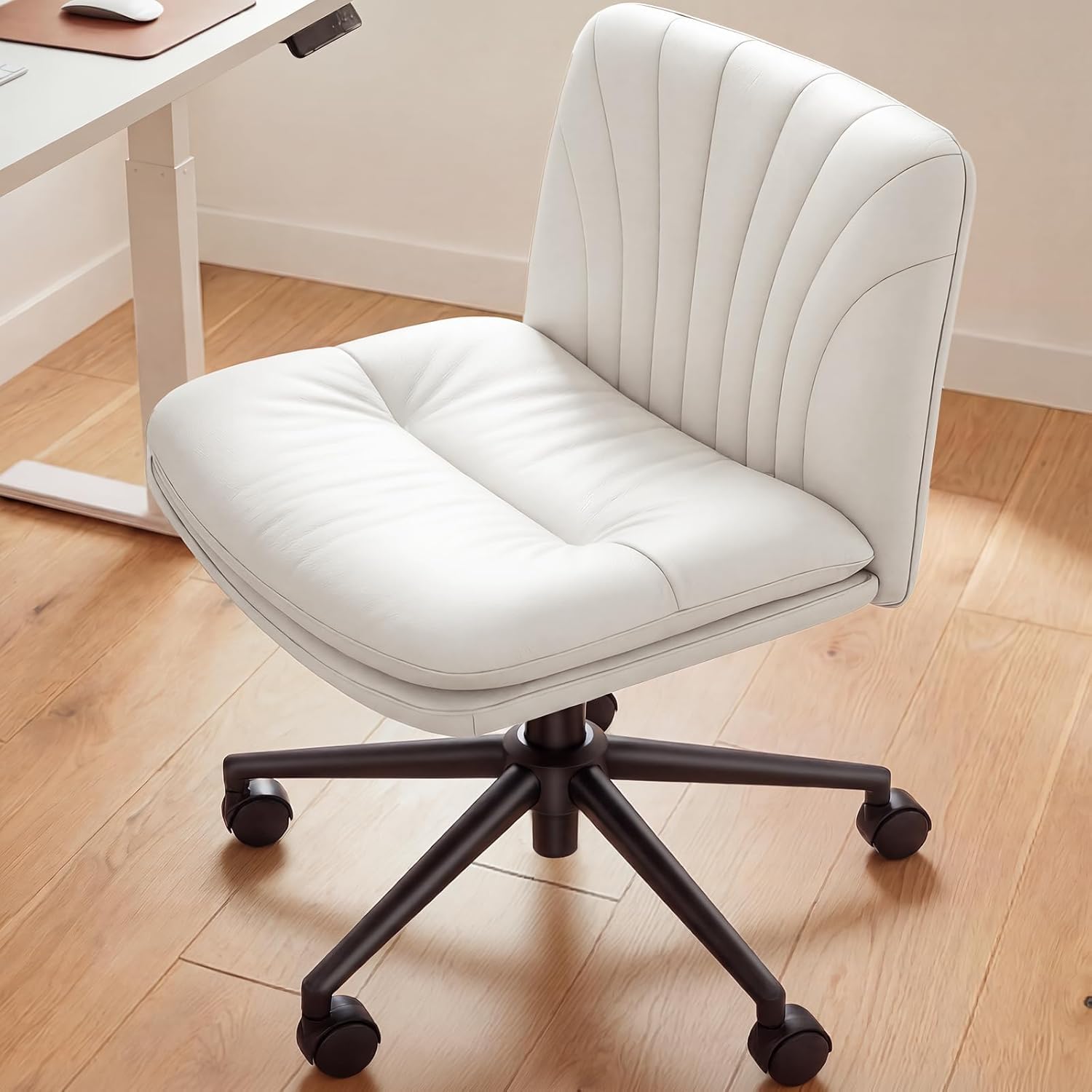 Criss Cross Office Chair with Wheels, Armless Wide Desk Chair for Active Sitting, PU Leather Cross Legged Chair for Home Office, Pet-Friendly & Easy Clean, Beige