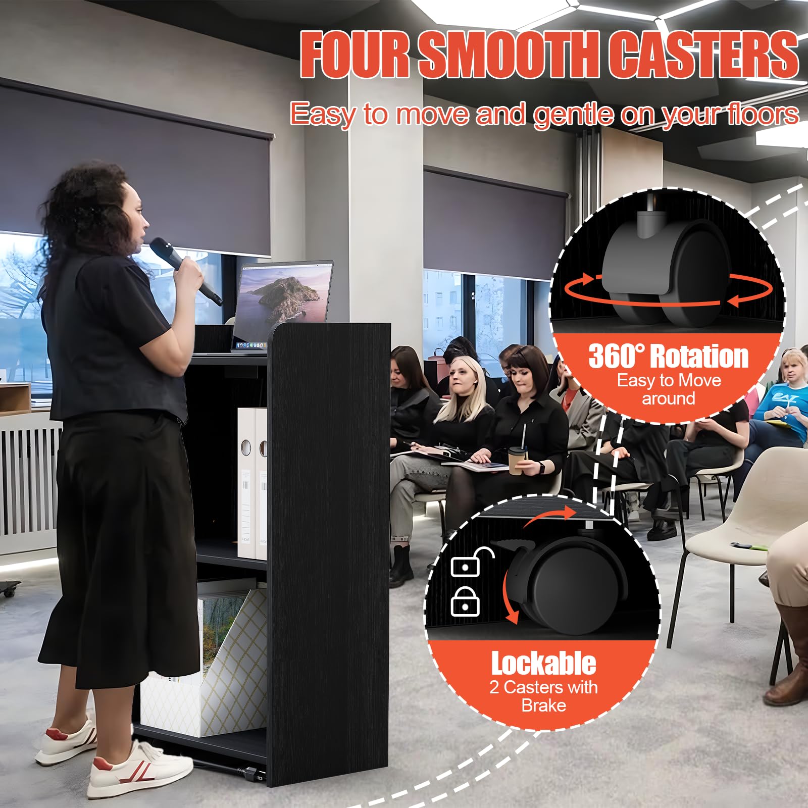 Podium Stand - Portable Podium Stand with 4 Rolling Wheels, Pulpits for Churches with Adjustable Shelf, Hostess Stand, Mobile podiums for Church, Classroom, Office (with Charging Station)