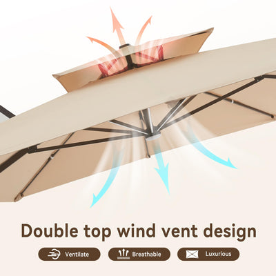 10 X 13 FT Cantilever Outdoor Patio Umbrella with Led Lights Large Heavy Duty 360° Rotation Double Top Offset Rectangular Umbrellas for Backyard Garden Pool Outside Deck, Beige