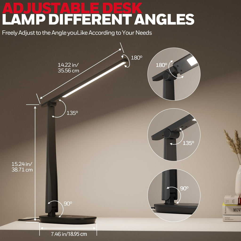 LED Desk Lamp for Home Office, Eye-Caring Light with 4 Color Modes & Touch Control, USB A+C Charging Ports, Adjustable Rotating Head with Timer for Reading, Bedroom & Small Desks
