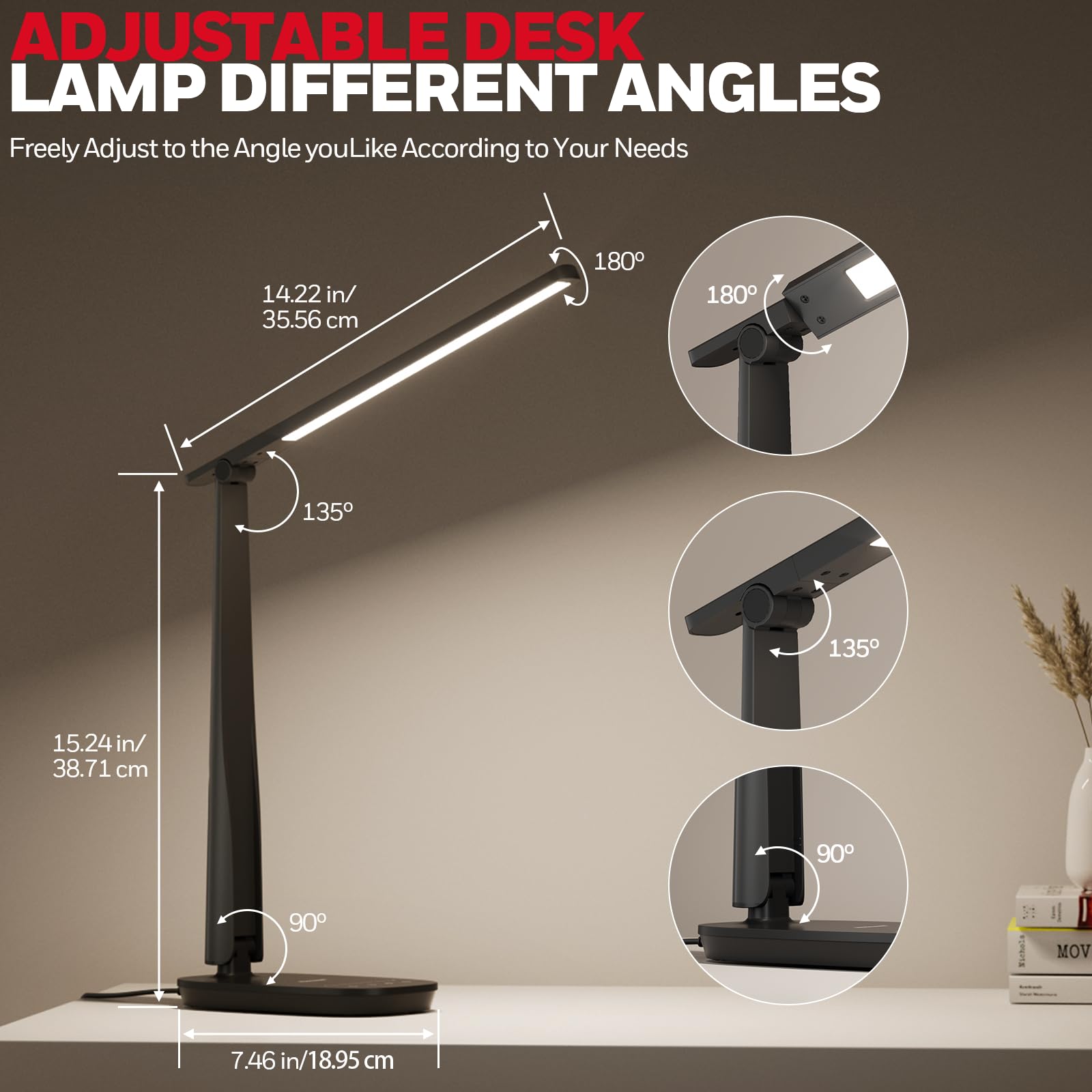LED Desk Lamp for Home Office, Eye-Caring Light with 4 Color Modes & Touch Control, USB A+C Charging Ports, Adjustable Rotating Head with Timer for Reading, Bedroom & Small Desks