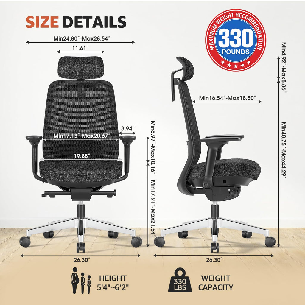 Office Chair Ergonomic Desk Chair High-Back Mesh Desk Chair with Adjustable Lumbar Support and Headrest 4D Armrests for Long Hours Sitting Black