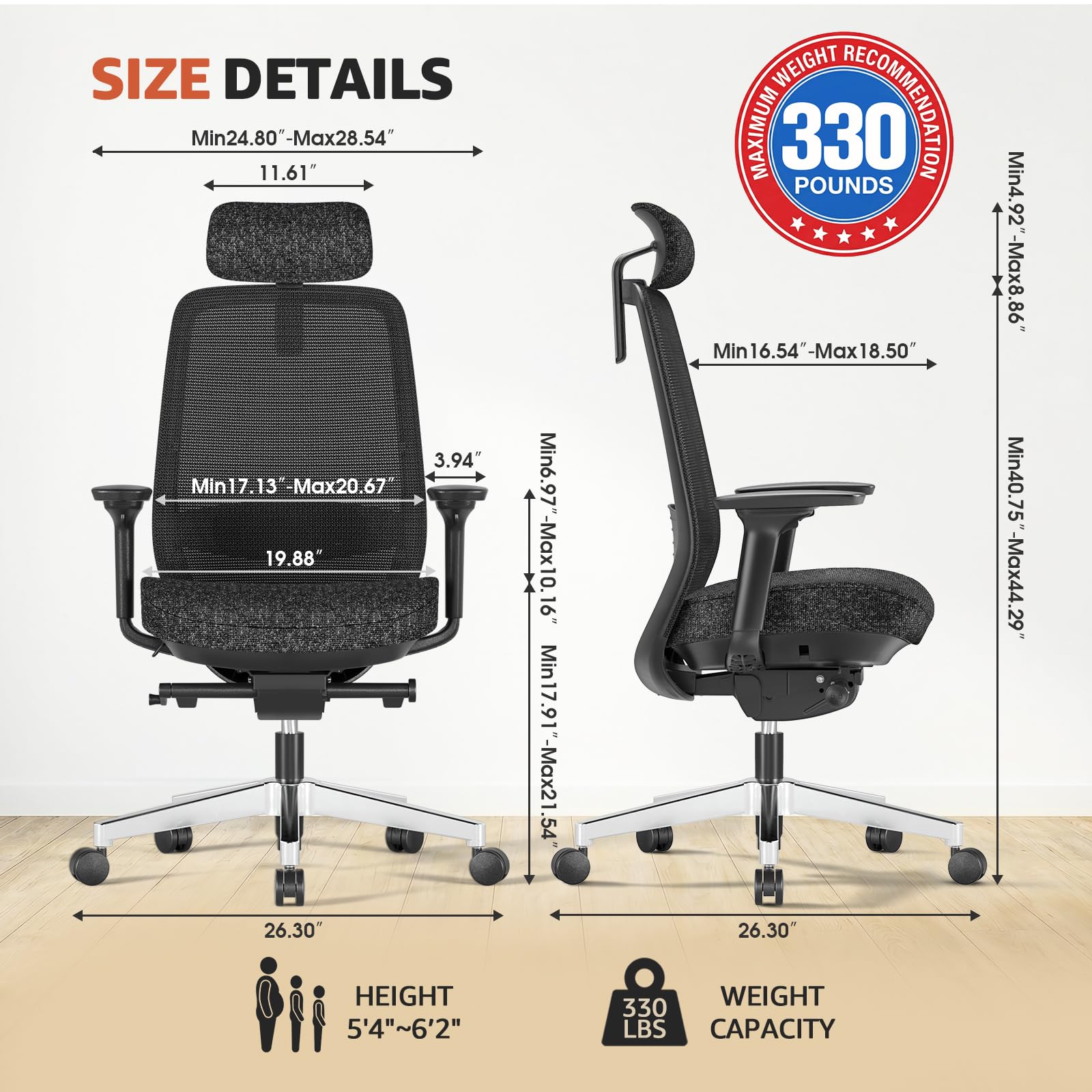 Office Chair Ergonomic Desk Chair High-Back Mesh Desk Chair with Adjustable Lumbar Support and Headrest 4D Armrests for Long Hours Sitting Black