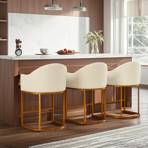 Counter Height Bar Stools Set of 3,Modern Counter Height Bar Stools,PU Leather Upholstered Barrel Barstools with Backs,26'' Kitchen Island Chairs,Metal Gold Frames,Beige White Leather