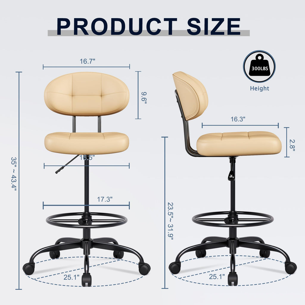 Drafting Chair Without Arms, Tall Office Chair with Footrest Ring for Standing Desk, Small Faux Leather Executive Office Chair with Adjustable Height for Bar Lab Counter Height Desk, Khaki