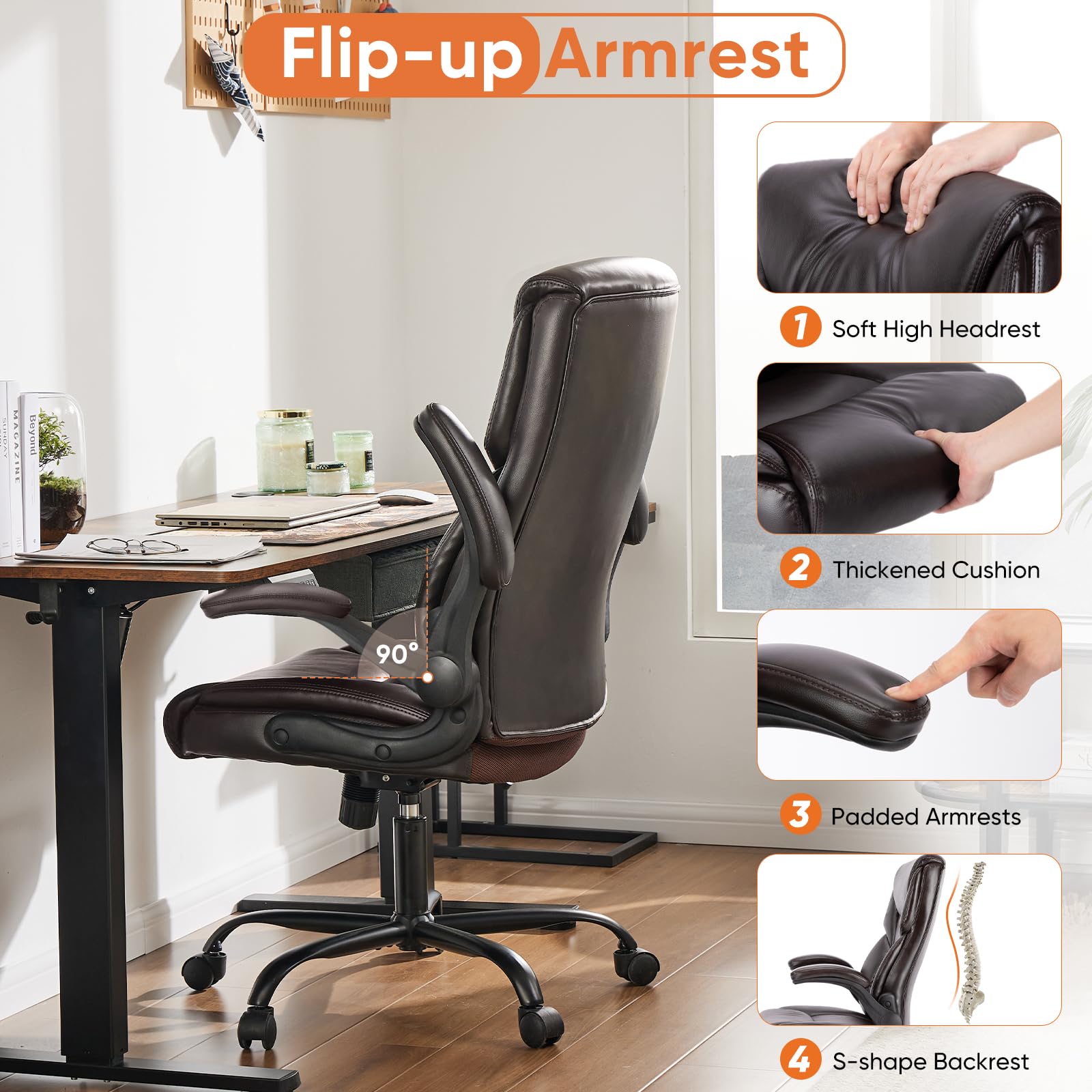 Computer Gaming Chair, Ergonomic High Back Heavy Duty Task Desk Office Chairs with Wheels, Flip-up Arms, Adjustable Height, PU Leather,Dark Brown