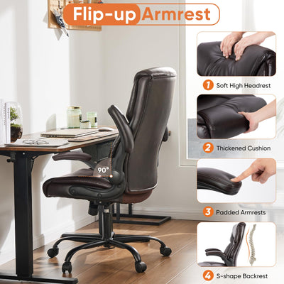 Set of 2, Ergonomic Computer Gaming Office Chair , Heavy Duty Task Desk Swivel Rolling Chairs with Wheels, Flip-up Arms, Adjustable Height, PU Leather,Dark Brown