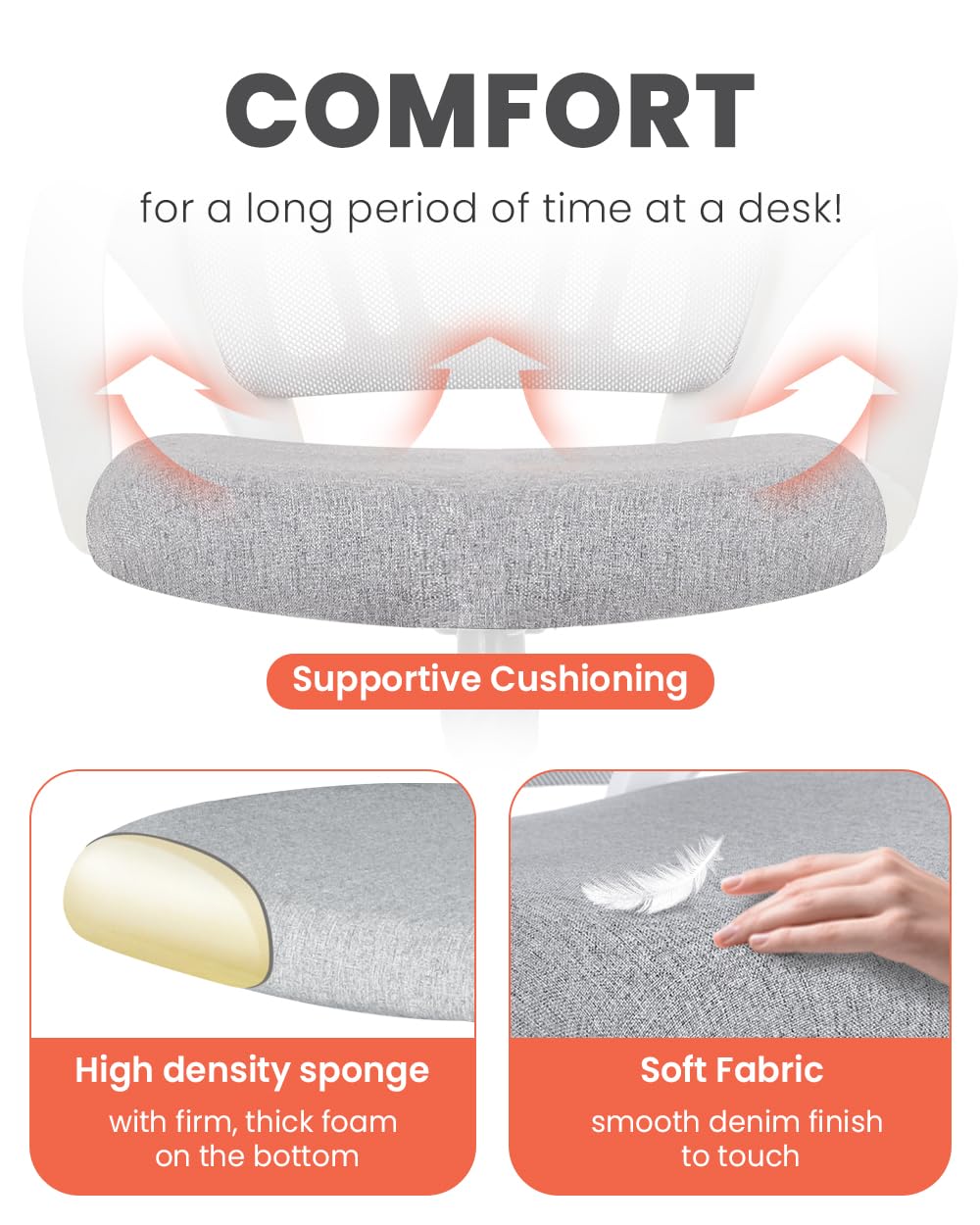 Office Desk Computer Chair Ergonomic Mesh Gaming Cushion Seat with Comfy Lumbar Mid Back Support Adjustable Height Swivel Rolling Wheels for Home Task (Grey)
