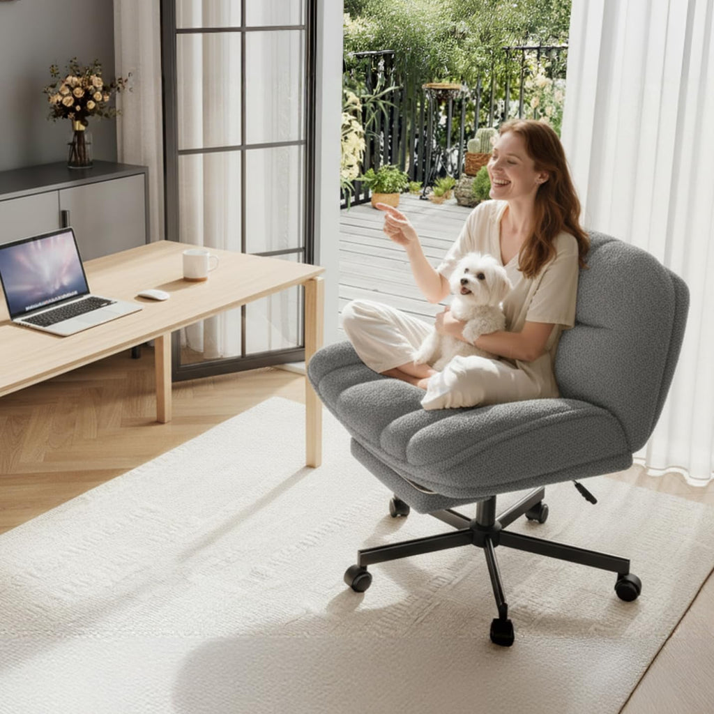 Cross Legged Office Chair with Foot Rest, 6.3" Thick Cushioned Criss Cross Chair with Wheels, Height Adjustable Swivel Vanity Chair for All-Day Comfort (Grey)