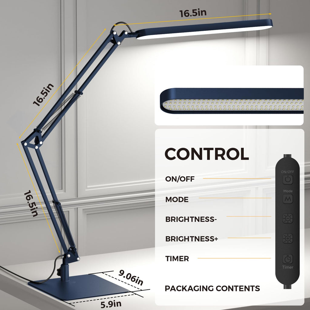 LED Desk Lamp with Slim Base - Adjustable Swing Arm Desk Light, Dimmable, Timer, Eye Protection, Memory Function, 1300LM, 12W, Blue