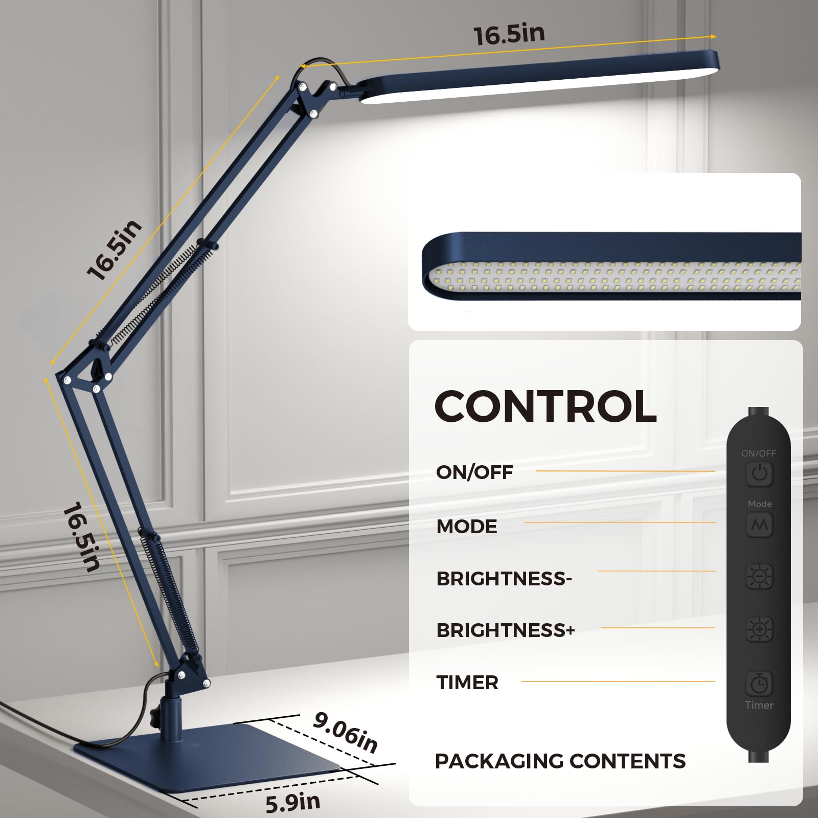 LED Desk Lamp with Slim Base - Adjustable Swing Arm Desk Light, Dimmable, Timer, Eye Protection, Memory Function, 1300LM, 12W, Blue