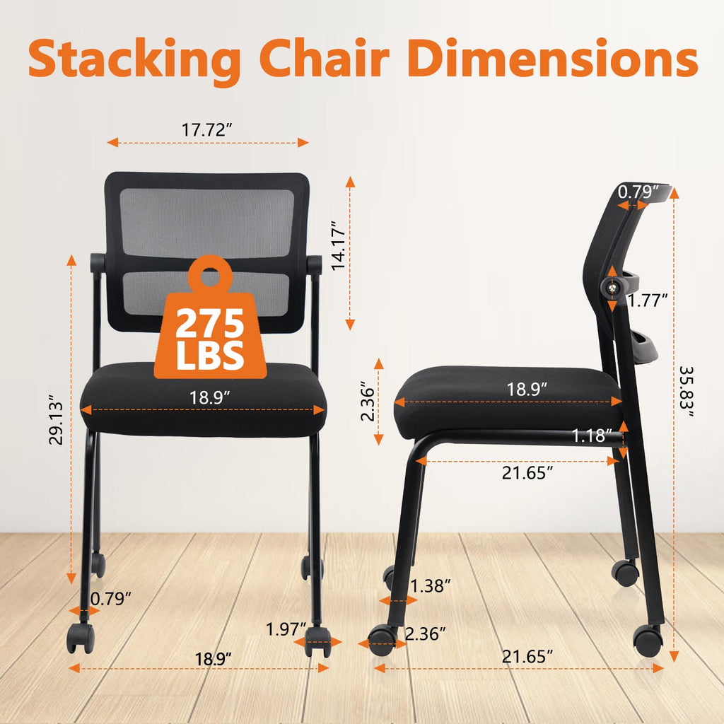 Stacking Armless Office Waiting Room Chair with Wheels, Stackable Mesh Guest Reception Desk Chairs with Adjustable Backrest for Conference Lobby Side School, Black