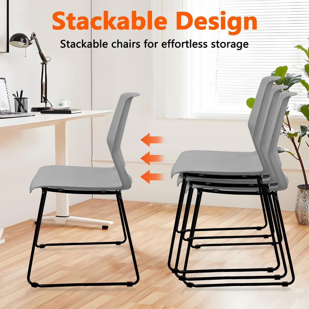 Set of 4, Gray, Stackable Guest Reception Chairs, Stacking Office Chair with Ergonomic Lumbar Support & Metal Legs, Plastic Desk Chairs for Conference School Church Waiting Meeting Break Room