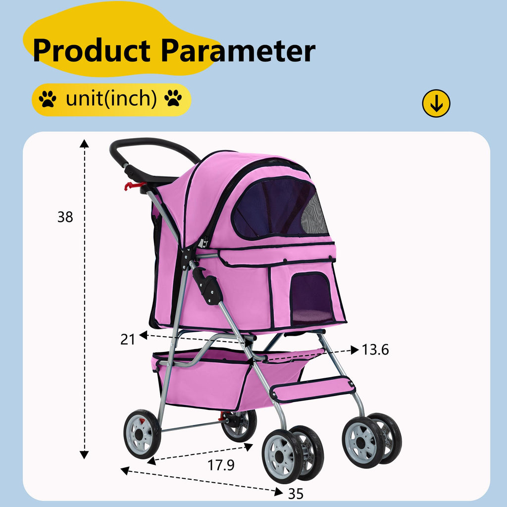 Pet Stroller 4-Wheel Dog Cat Stroller Travel Folding Carrier Puppy Stroller with Cup Holder and Removable Liner for Small Medium Dogs Cats, Pink
