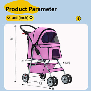 Pet Stroller 4-Wheel Dog Cat Stroller Travel Folding Carrier Puppy Stroller with Cup Holder and Removable Liner for Small Medium Dogs Cats, Pink