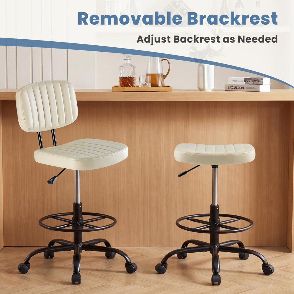Armless Drafting Chair, Low Back Office Seat with Adjustable Footrest Ring for Standing Desk, Ergonomic PU Leather Office Seating, Swivel Rolling High Stool for Studio, Lab, Counter, Beige